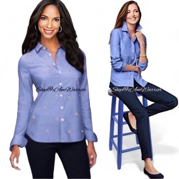 Talbots hand applied fleur rhinestone embellished chambray top *shop@iamwarrior - Picture 1 of 9